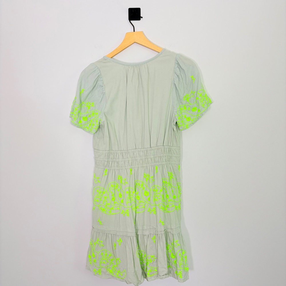 Anthropologie Somerset Mini Dress Embroidered Linen Mint Green Neon Floral Sz S - Picture 7 of 9
